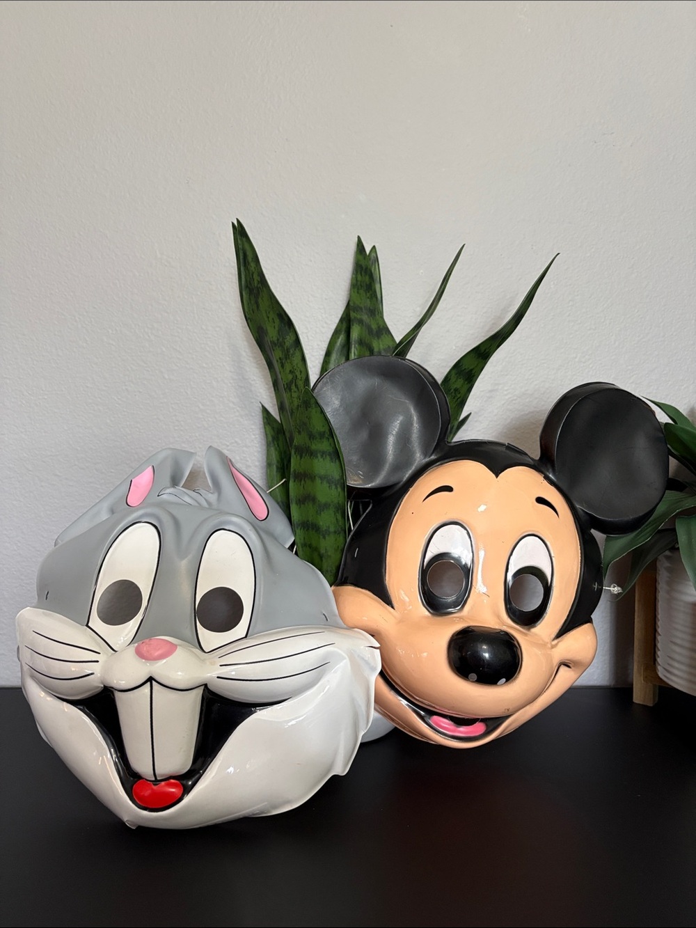 Vintage Bugs Bunny & Mickey Mouse Plastic Masks - Gray, Black, Peach